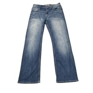 BKE Tyler Bootcut Jeans Mens 34x32 Blue Wash Denim Whiskered Distressed Buckle